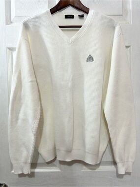 IZOD Men’s L Ivory Ribbed V-Neck Sweater Crest Logo Cotton Blend Preppy